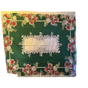 Vintage Cloth Tablecloth Floral Tulips Red Gray Green 50" x 60"Simtex